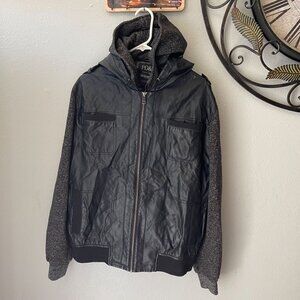 PD&C Mens Large Black Vegan Leather Jacket W/ Removable Hood‎ & Knit Sleeves